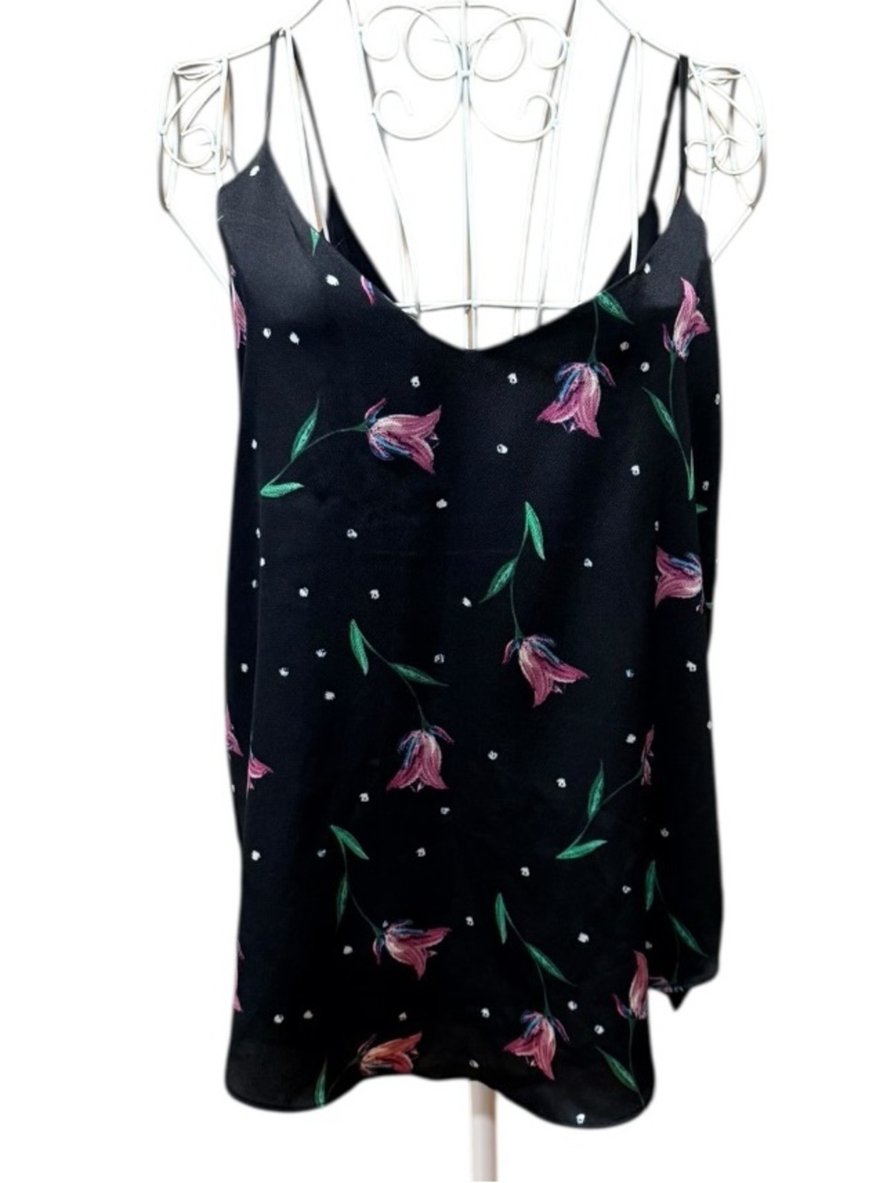 T Tahari Black Tulip Floral Print Cami Spaghetti Strap V-Neck Satin S - Picture 2 of 7